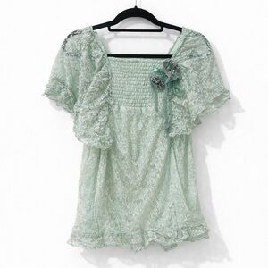 Chic Mint Green Lace Top with Floral Detail